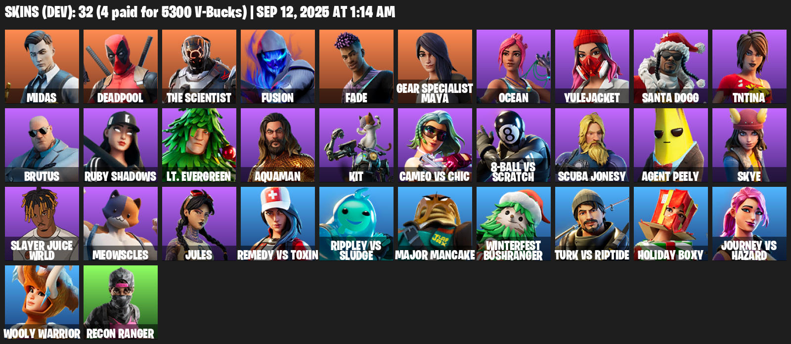 Fortnite Account ( PLAYSTATION / XBOX / PC / MOBILE / NINTENDO ) (Midas, Deadpool, The Scientist, Fusion, Fade, Gear Specialist Maya, Ocean, Yulejacket) (32 Skins)