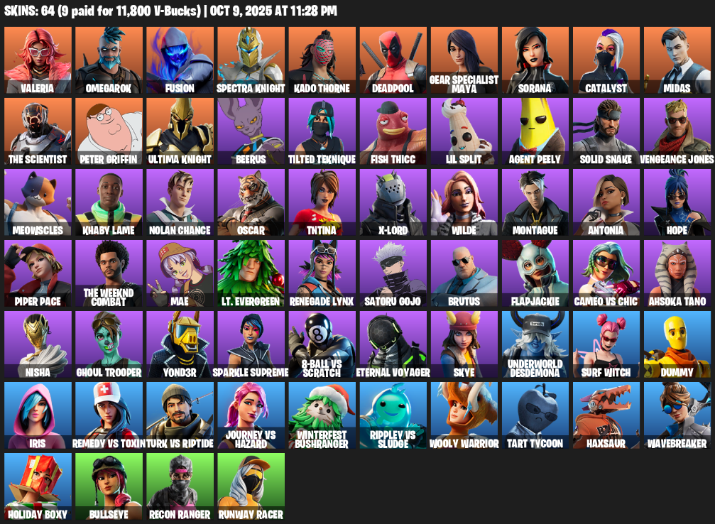 Fortnite Account ( PLAYSTATION / XBOX / PC / MOBILE / NINTENDO ) (Merry Mint Axe, Valeria, Omegarok, Fusion, Spectra Knight, Kado Thorne, Deadpool) (64 Skins)
