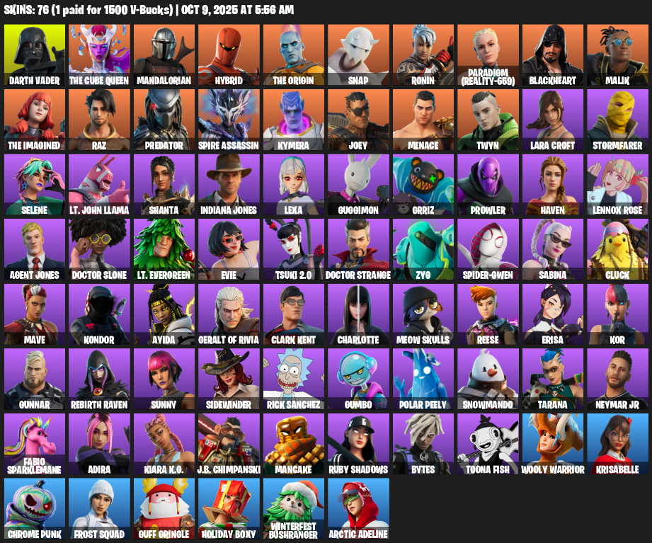 Fortnite Account ( PLAYSTATION / XBOX / PC / MOBILE / NINTENDO ) (Lara Croft, Darth Vader, The Cube Queen, Mandalorian, Hybrid, The Origin, Snap) (76 Skins)