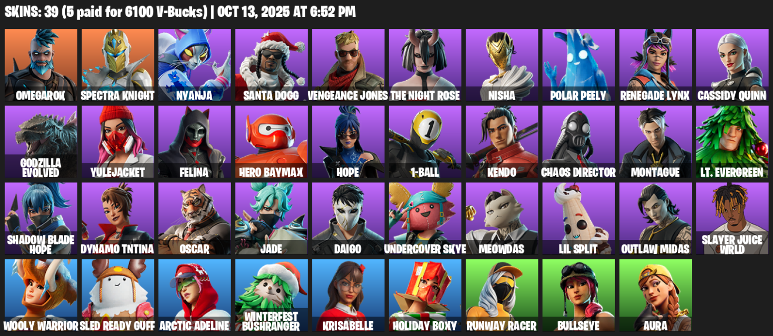 Fortnite Account ( PLAYSTATION / XBOX / PC / MOBILE / NINTENDO ) (Omegarok, Spectra Knight, Nyanja, Santa Dogg, Vengeance Jones, The Night Rose, Nisha, Polar Peely) (39 Skins)
