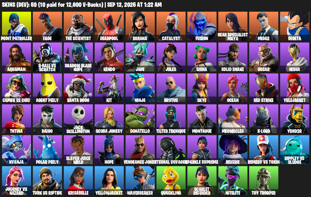 Fortnite Account ( PLAYSTATION / XBOX / PC / MOBILE / NINTENDO ) (Point Patroller, Fade, The Scientist, Deadpool, Sorana, Catalyst, Fusion, Gear Specialist Maya) (59 Skins)