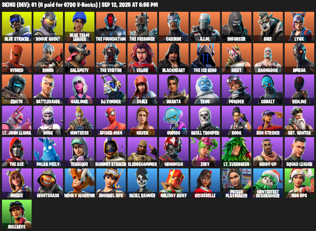 Fortnite Account ( PLAYSTATION / XBOX / PC / MOBILE / NINTENDO ) (Omega, Reaper Axe, Blue Striker, Rogue Agent, Blue Team Leader, The Foundation, The Prisoner) (61 Skins)