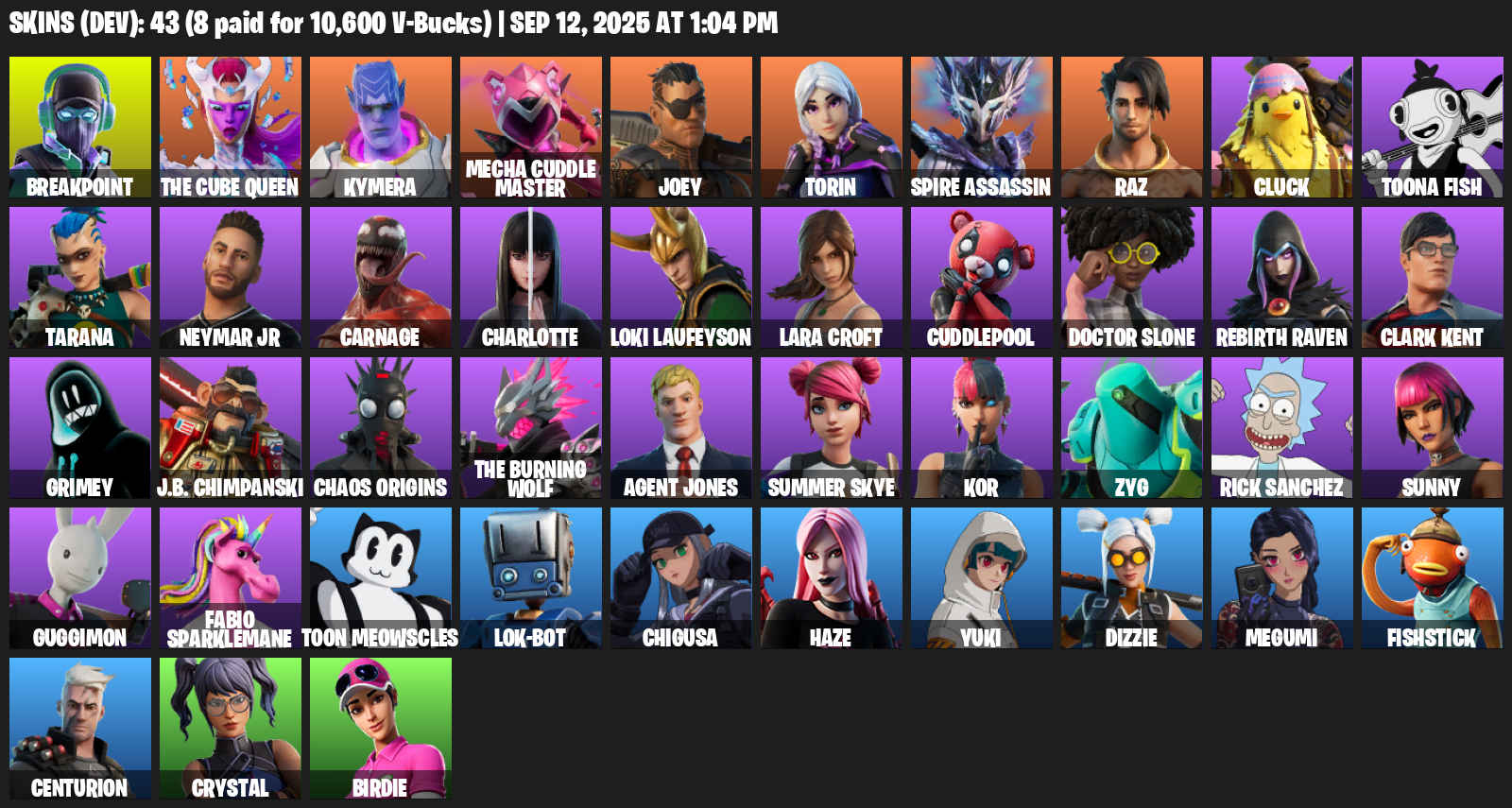 Fortnite Account ( PLAYSTATION / XBOX / PC / MOBILE / NINTENDO ) (Lara Croft, Breakpoint, The Cube Queen, Kymera, Mecha Cuddle Master, Joey, Torin, Spire Assassin) (43 Skins)