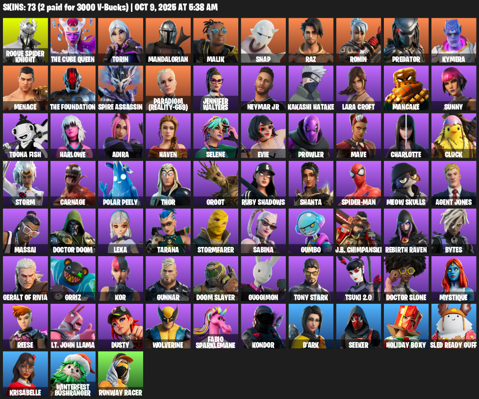 Fortnite Account ( PLAYSTATION / XBOX / PC / MOBILE / NINTENDO ) (Lara Croft, Rogue Spider Knight, The Cube Queen, Torin, Mandalorian, Malik, Snap, Raz, Ronin) (73 Skins)