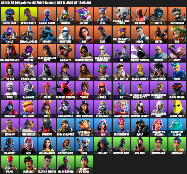 Fortnite Account ( PLAYSTATION / XBOX / PC / MOBILE / NINTENDO ) (Travis Scott, Astro Jack, Galaxy Scout, Sentinel, DJ Bop, Lynx, P.A.N.D.A Team Leader, Deadpool) (85 Skins)
