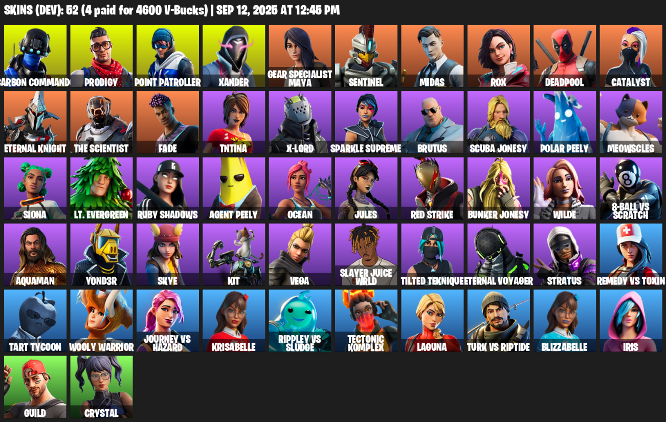 Fortnite Account ( PLAYSTATION / XBOX / PC / MOBILE / NINTENDO ) (Carbon Commando, Prodigy, Point Patroller, Xander, Gear Specialist Maya, Sentinel, Midas, Rox) (52 Skins)