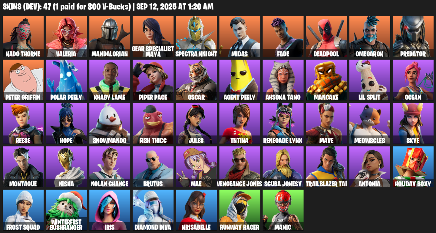 Fortnite Account ( PLAYSTATION / XBOX / PC / MOBILE / NINTENDO ) (Kado Thorne, Valeria, Mandalorian, Gear Specialist Maya, Spectra Knight, Midas, Fade, Deadpool) (47 Skins)