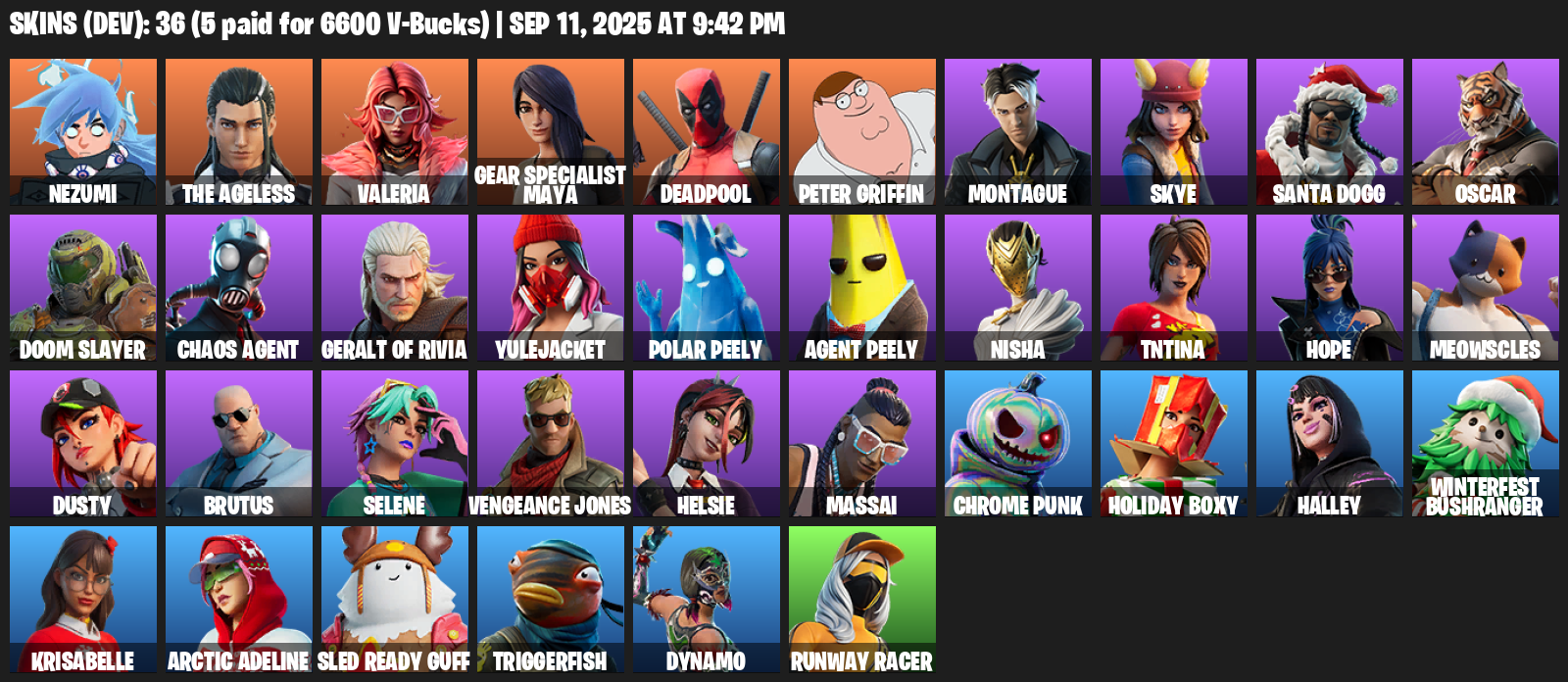 Fortnite Account ( PLAYSTATION / XBOX / PC / MOBILE / NINTENDO ) (Nezumi, The Ageless, Valeria, Gear Specialist Maya, Deadpool, Peter Griffin, Montague, Skye) (36 Skins)