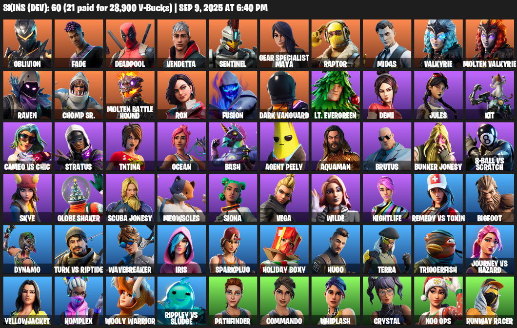 Fortnite Account ( PLAYSTATION / XBOX / PC / MOBILE / NINTENDO ) (Oblivion, Fade, Deadpool, Vendetta, Sentinel, Gear Specialist Maya, Raptor, Midas, Valkyrie) (60 Skins)