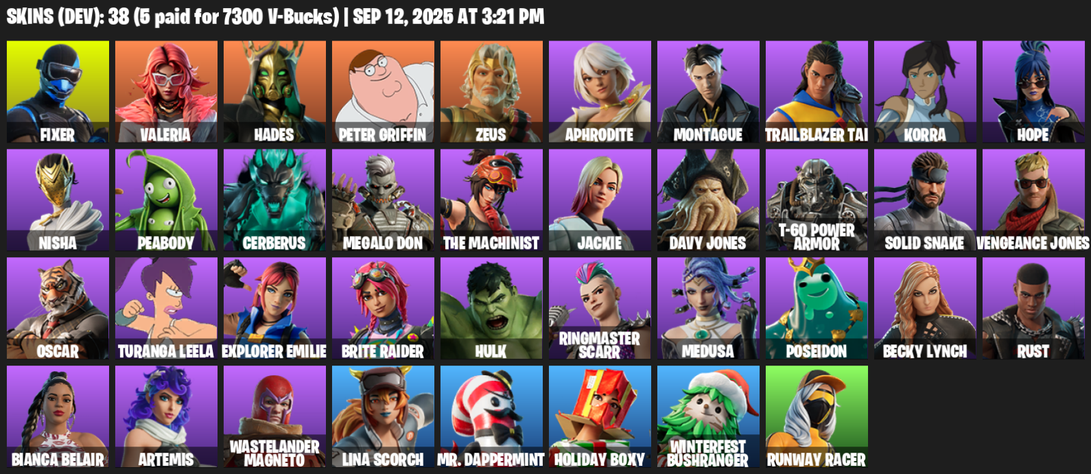 Fortnite Account ( PLAYSTATION / XBOX / PC / MOBILE / NINTENDO ) (Fixer, Valeria, Hades, Peter Griffin, Zeus, Aphrodite, Montague, Trailblazer Tai, Korra, Hope) (38 Skins)