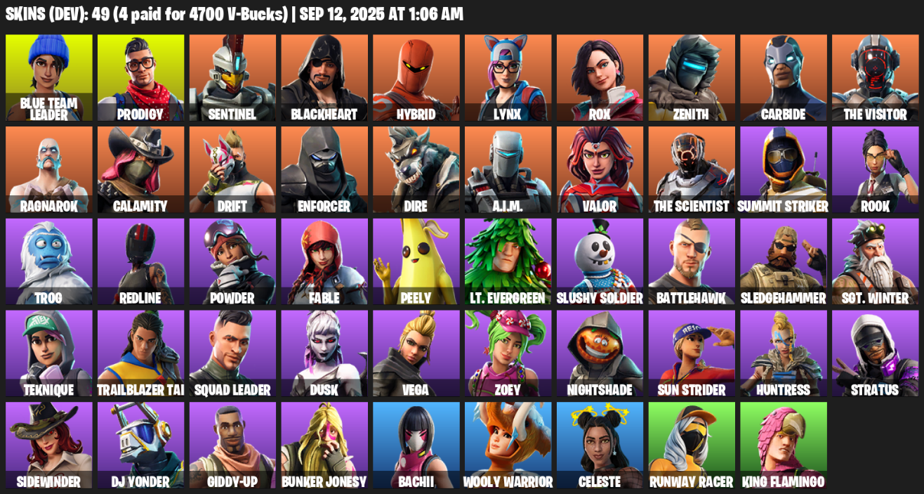 Fortnite Account ( PLAYSTATION / XBOX / PC / MOBILE / NINTENDO ) (Blue Team Leader, Prodigy, Sentinel, Blackheart, Hybrid, Lynx, Rox, Zenith, Carbide) (49 Skins)
