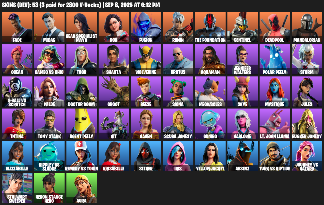 Fortnite Account ( PLAYSTATION / XBOX / PC / MOBILE / NINTENDO ) (Fade, Midas, Gear Specialist Maya, Rox, Fusion, Ronin, The Foundation, Sentinel, Deadpool) (53 Skins)