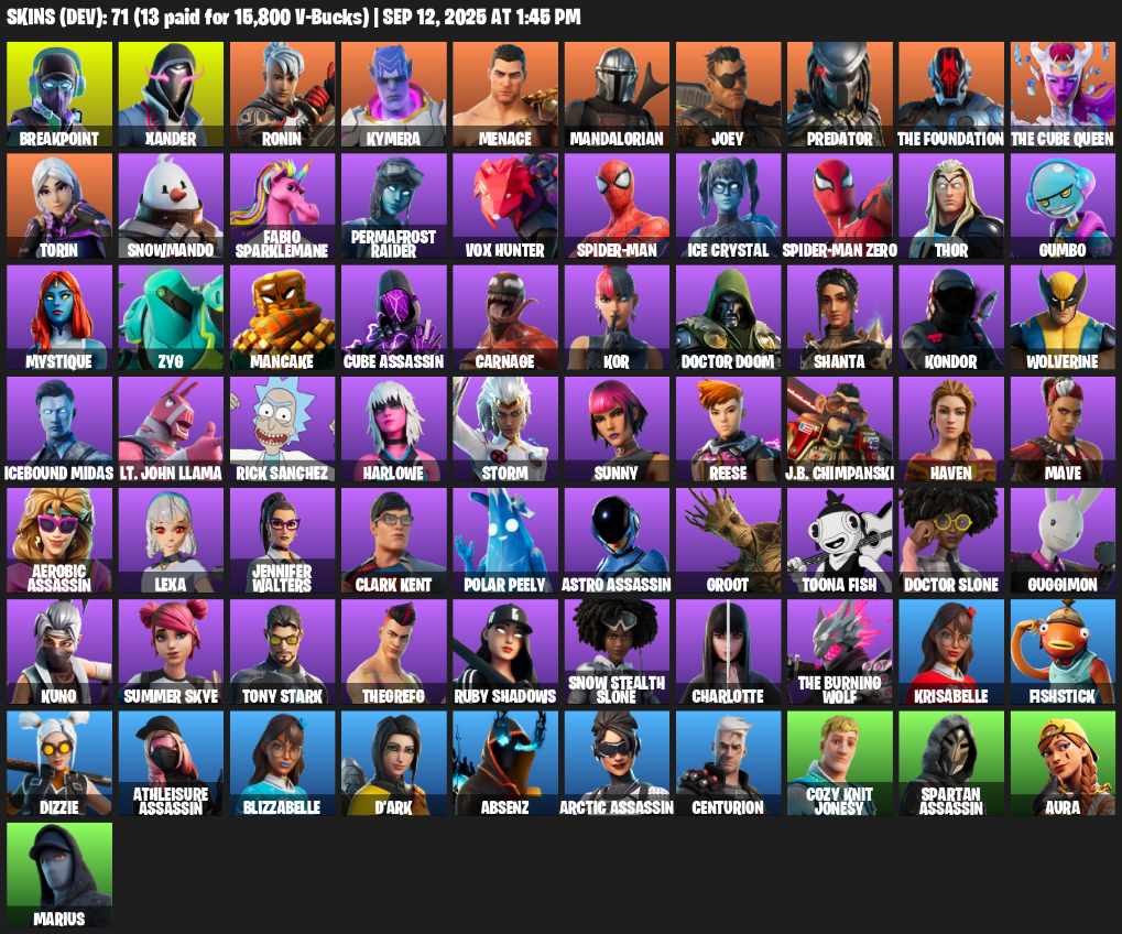 Fortnite Account ( PLAYSTATION / XBOX / PC / MOBILE / NINTENDO ) (Breakpoint, Xander, Ronin, Kymera, Menace, Mandalorian, Joey, Predator, The Foundation) (71 Skins)