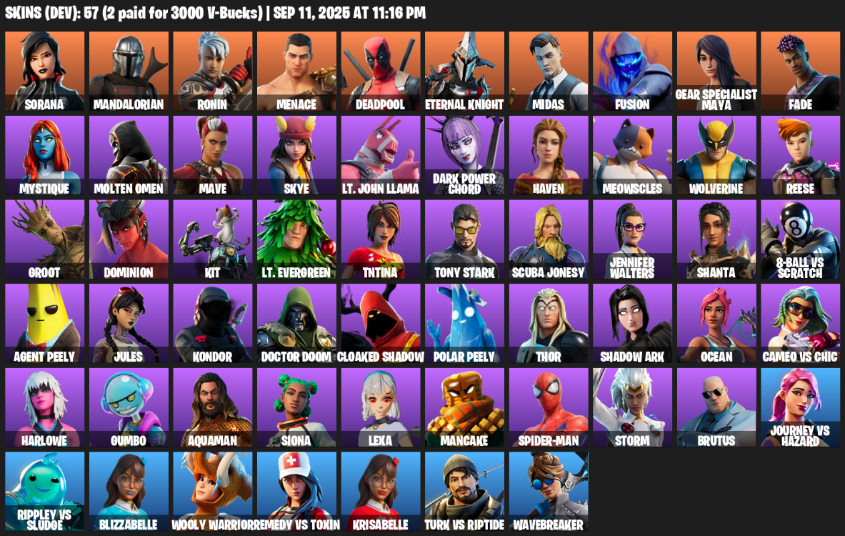 Fortnite Account ( PLAYSTATION / XBOX / PC / MOBILE / NINTENDO ) (Sorana, Mandalorian, Ronin, Menace, Deadpool, Eternal Knight, Midas, Fusion) (57 Skins)