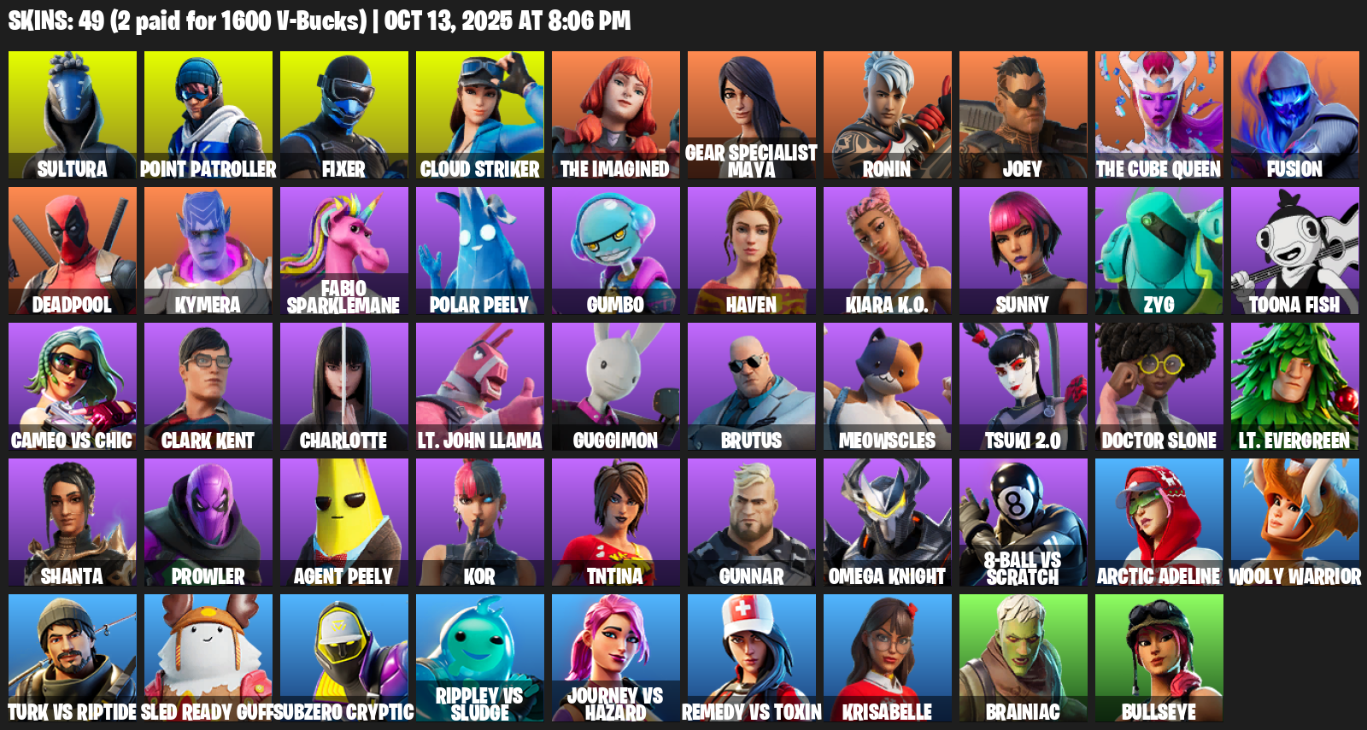 Fortnite Account ( PLAYSTATION / XBOX / PC / MOBILE / NINTENDO ) (Sultura, Point Patroller, Fixer, Cloud Striker, The Imagined, Gear Specialist Maya, Ronin, Joey) (49 Skins)