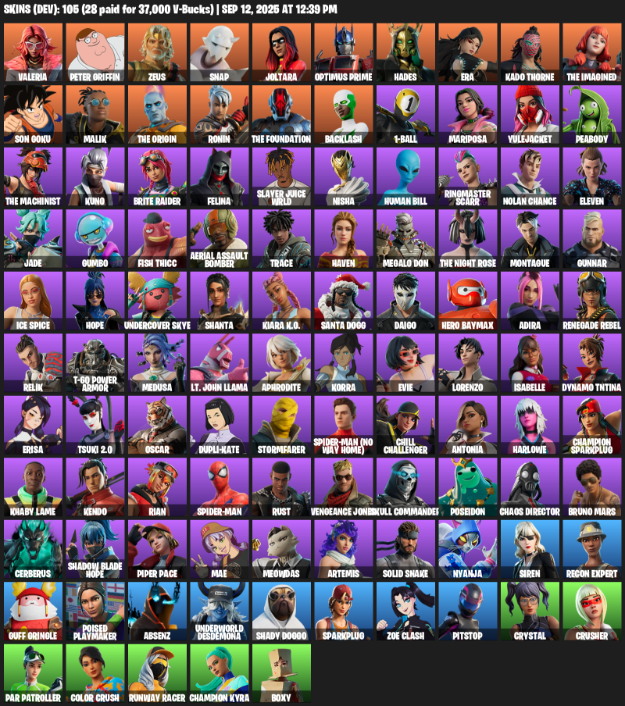 Fortnite Account ( PLAYSTATION / XBOX / PC / MOBILE / NINTENDO ) (Valeria, Peter Griffin, Zeus, Snap, Joltara, Optimus Prime, Hades, Era, Kado Thorne) (105 Skins)