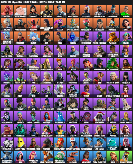 Fortnite Account ( PLAYSTATION / XBOX / PC / MOBILE / NINTENDO ) (Valeria, Peter Griffin, Sorana, Ultima Knight, Midas, Kado Thorne, Catalyst, The Scientist) (120 Skins)