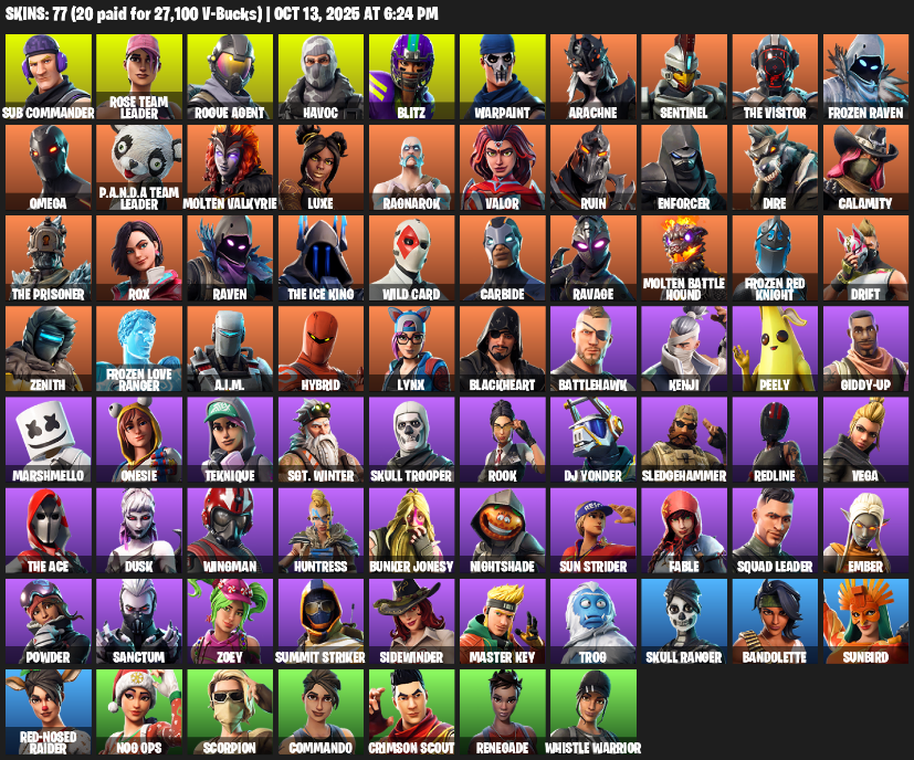 Fortnite Account ( PLAYSTATION / XBOX / PC / MOBILE / NINTENDO ) (OG STW, Omega, Reaper Axe, Sub Commander, Rose Team Leader, Rogue Agent, Havoc) (77 Skins)