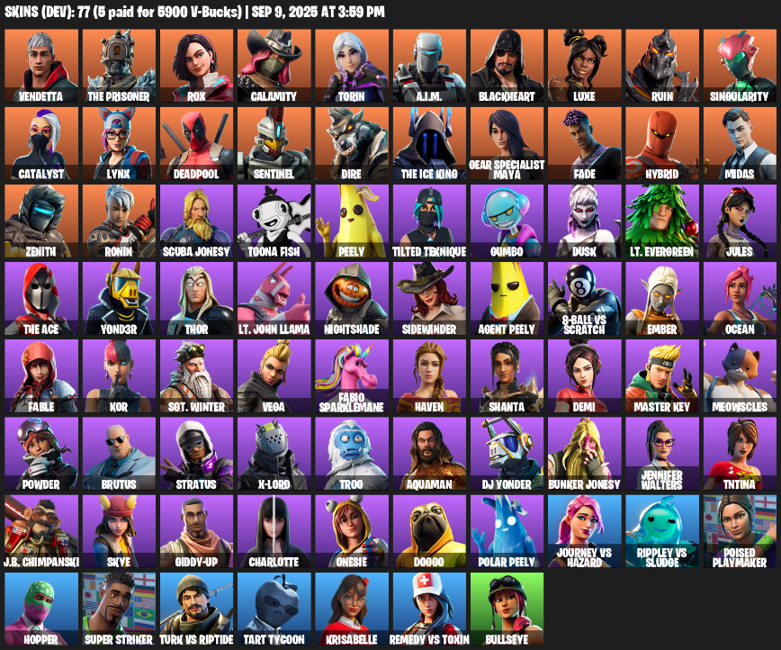 Fortnite Account ( PLAYSTATION / XBOX / PC / MOBILE / NINTENDO ) (Vendetta, The Prisoner, Rox, Calamity, Torin, A.I.M., Blackheart, Luxe, Ruin, Singularity) (77 Skins)