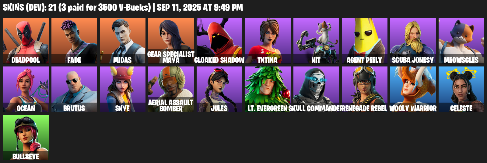 Fortnite Account ( PLAYSTATION / XBOX / PC / MOBILE / NINTENDO ) (Deadpool, Fade, Midas, Gear Specialist Maya, Cloaked Shadow, TNTina, Kit, Agent Peely) (21 Skins)