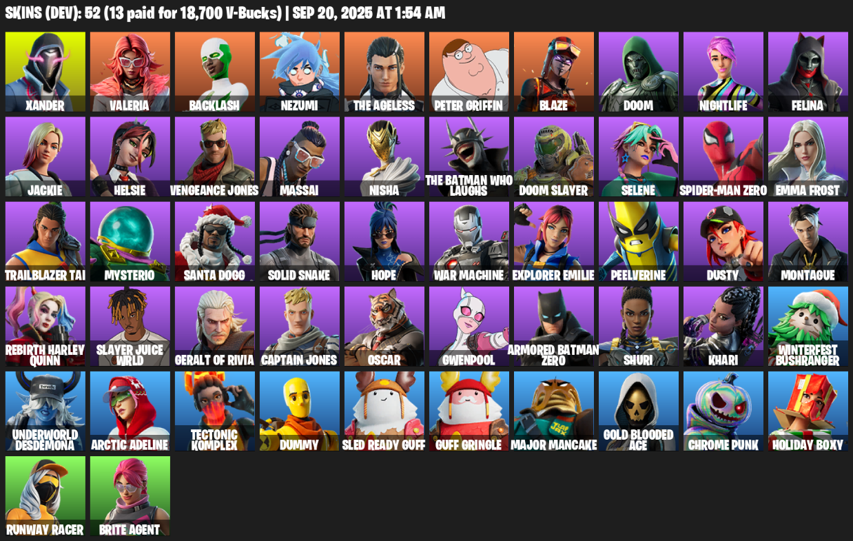 Fortnite Account ( PLAYSTATION / XBOX / PC / MOBILE / NINTENDO ) (Xander, Valeria, Backlash, Nezumi, The Ageless, Peter Griffin, Blaze, Doom, Nightlife, Felina) (52 Skins)