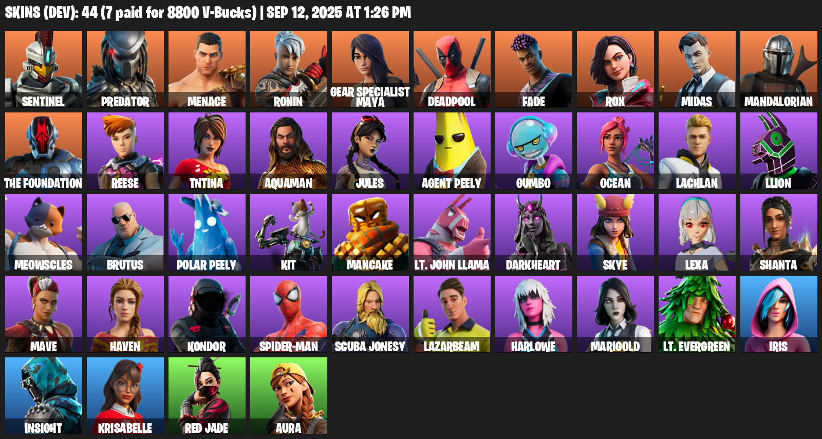 Fortnite Account ( PLAYSTATION / XBOX / PC / MOBILE / NINTENDO ) (Sentinel, Predator, Menace, Ronin, Gear Specialist Maya, Deadpool, Fade, Rox, Midas) (44 Skins)