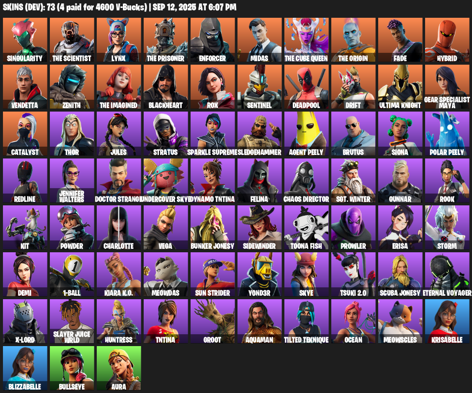 Fortnite Account ( PLAYSTATION / XBOX / PC / MOBILE / NINTENDO ) (Singularity, The Scientist, Lynx, The Prisoner, Enforcer, Midas, The Cube Queen, The Origin) (73 Skins)