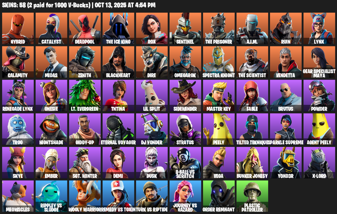 Fortnite Account ( PLAYSTATION / XBOX / PC / MOBILE / NINTENDO ) (Hybrid, Catalyst, Deadpool, The Ice King, Rox, Sentinel, The Prisoner, A.I.M., Ruin, Lynx) (58 Skins)