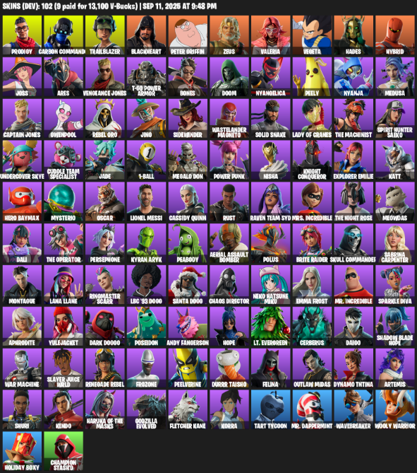 Fortnite Account ( PLAYSTATION / XBOX / PC / MOBILE / NINTENDO ) (Prodigy, Carbon Commando, Trailblazer, Blackheart, Peter Griffin, Zeus, Valeria, Vegeta, Hades) (102 Skins)