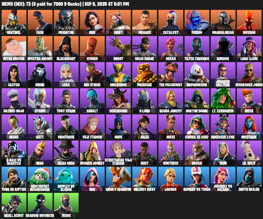 Fortnite Account ( PLAYSTATION / XBOX / PC / MOBILE / NINTENDO ) (Sentinel, Fade, Predator, Rox, Drift, Menace, Catalyst, Fusion, Mandalorian, Inferno) (73 Skins)
