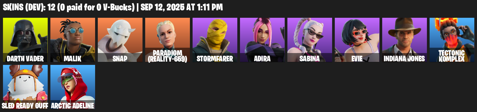 Fortnite Account ( PLAYSTATION / XBOX / PC / MOBILE / NINTENDO ) (Darth Vader, Malik, Snap, Paradigm (Reality-659), Stormfarer, Adira, Sabina, Evie, Indiana Jones) (12 Skins)