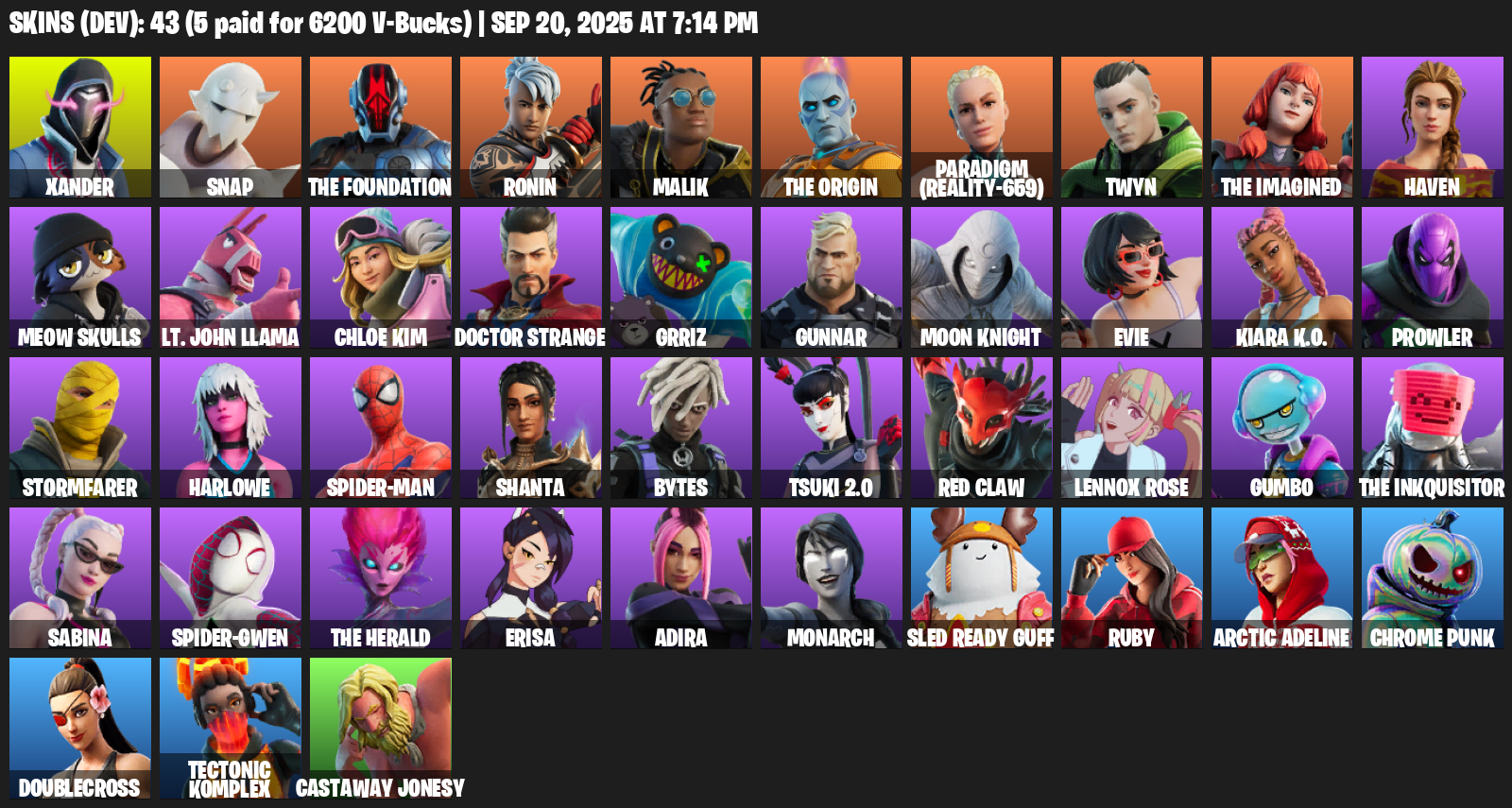 Fortnite Account ( PLAYSTATION / XBOX / PC / MOBILE / NINTENDO ) (Xander, Snap, The Foundation, Ronin, Malik, The Origin, Paradigm (Reality-659), Twyn) (43 Skins)