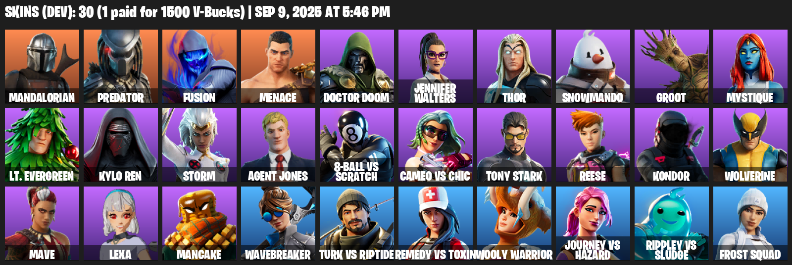 Fortnite Account ( PLAYSTATION / XBOX / PC / MOBILE / NINTENDO ) (Mandalorian, Predator, Fusion, Menace, Doctor Doom, Jennifer Walters, Thor) (30 Skins)