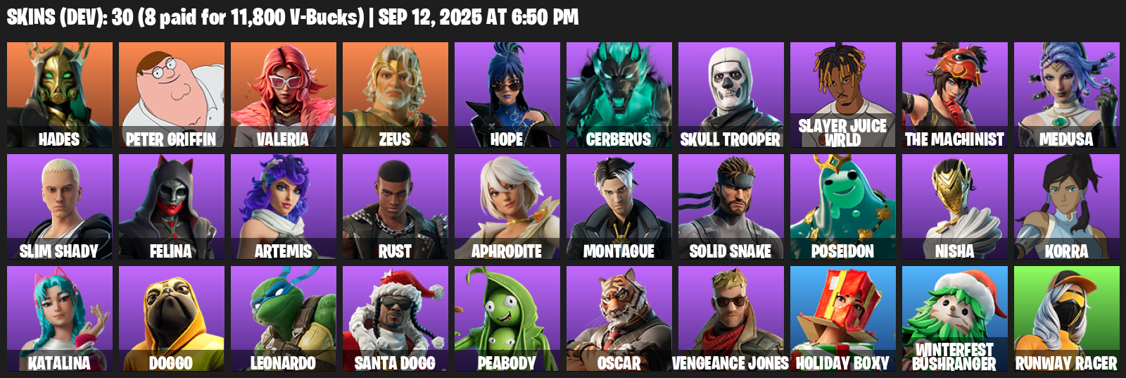 Fortnite Account ( PLAYSTATION / XBOX / PC / MOBILE / NINTENDO ) (Hades, Peter Griffin, Valeria, Zeus, Hope, Cerberus, Skull Trooper, Slayer Juice WRLD) (30 Skins)