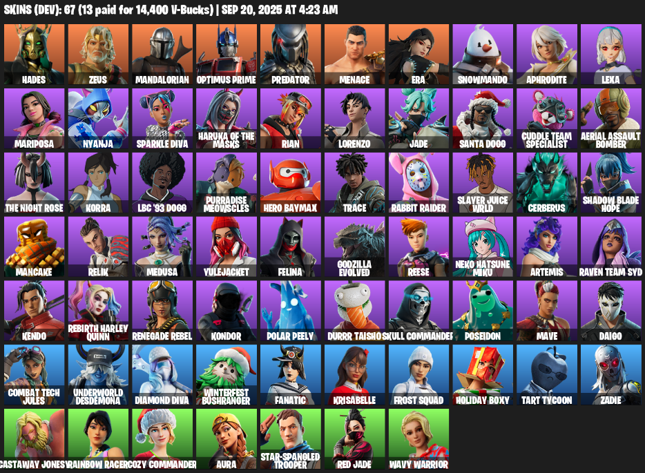 Fortnite Account ( PLAYSTATION / XBOX / PC / MOBILE / NINTENDO ) (Hades, Zeus, Mandalorian, Optimus Prime, Predator, Menace, Era, Snowmando, Aphrodite, Lexa) (67 Skins)