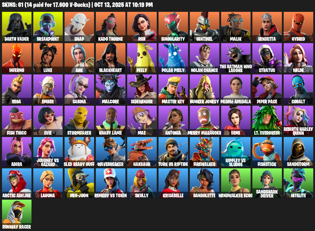 Fortnite Account ( PLAYSTATION / XBOX / PC / MOBILE / NINTENDO ) (Darth Vader, Breakpoint, Snap, Kado Thorne, Rox, Singularity, Sentinel, Malik, Vendetta, Hybrid) (61 Skins)