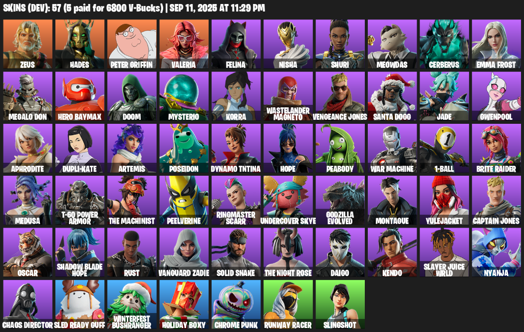 Fortnite Account ( PLAYSTATION / XBOX / PC / MOBILE / NINTENDO ) (Zeus, Hades, Peter Griffin, Valeria, Felina, Nisha, Shuri, Meowdas, Cerberus, Emma Frost) (57 Skins)