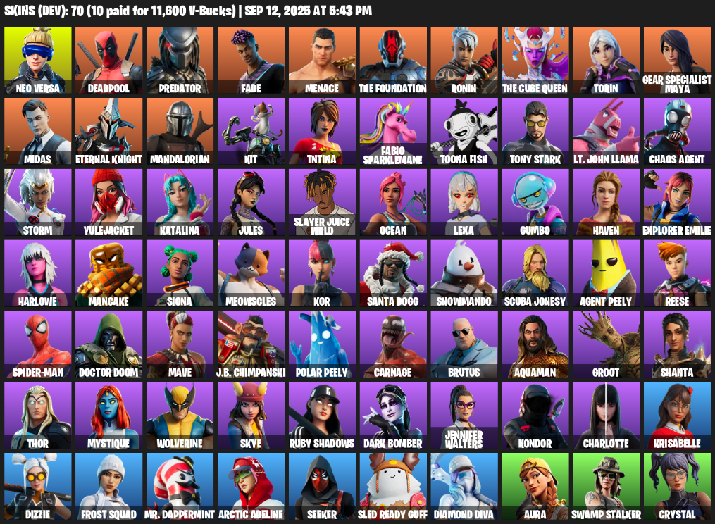 Fortnite Account ( PLAYSTATION / XBOX / PC / MOBILE / NINTENDO ) (Neo Versa, Deadpool, Predator, Fade, Menace, The Foundation, Ronin, The Cube Queen, Torin) (70 Skins)