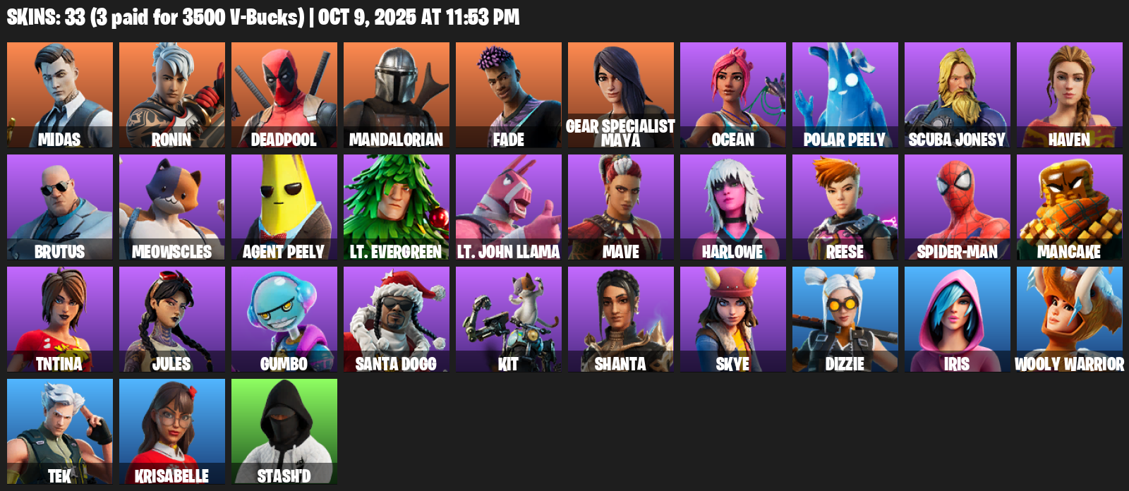 Fortnite Account ( PLAYSTATION / XBOX / PC / MOBILE / NINTENDO ) (Midas, Ronin, Deadpool, Mandalorian, Fade, Gear Specialist Maya, Ocean, Polar Peely) (33 Skins)