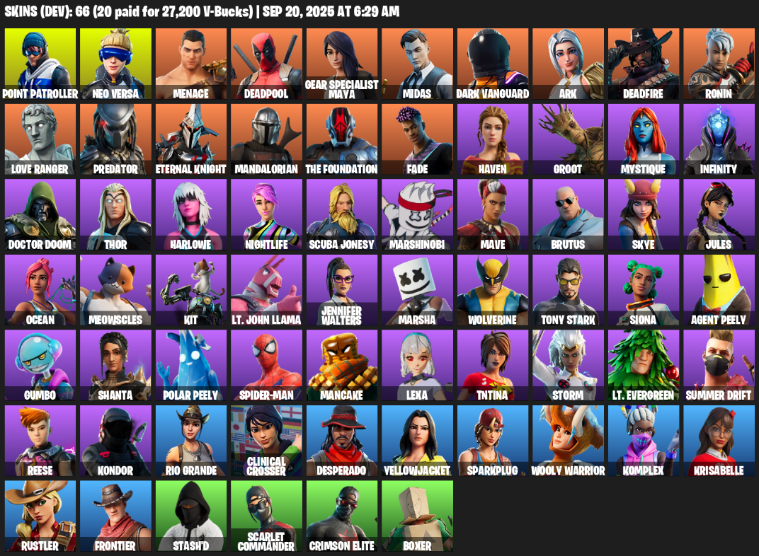 Fortnite Account ( PLAYSTATION / XBOX / PC / MOBILE / NINTENDO ) (Point Patroller, Neo Versa, Menace, Deadpool, Gear Specialist Maya, Midas, Dark Vanguard, Ark) (66 Skins)