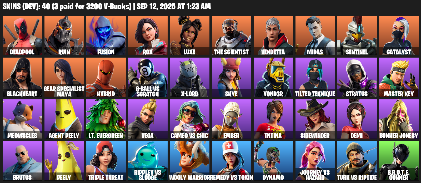 Fortnite Account ( PLAYSTATION / XBOX / PC / MOBILE / NINTENDO ) (Deadpool, Ruin, Fusion, Rox, Luxe, The Scientist, Vendetta, Midas, Sentinel, Catalyst) (40 Skins)
