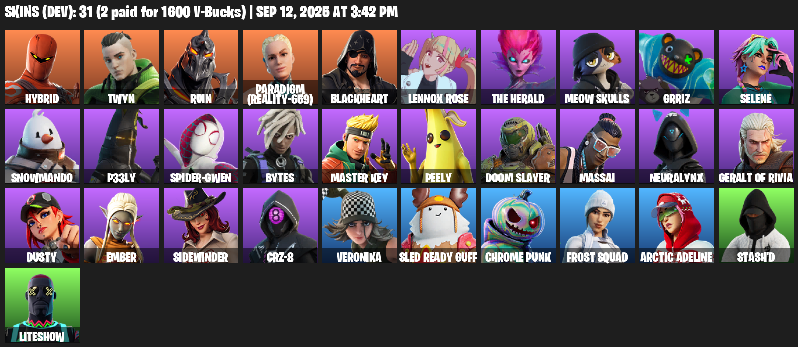 Fortnite Account ( PLAYSTATION / XBOX / PC / MOBILE / NINTENDO ) (Hybrid, Twyn, Ruin, Paradigm (Reality-659), Blackheart, Lennox Rose, The Herald, Meow Skulls) (31 Skins)