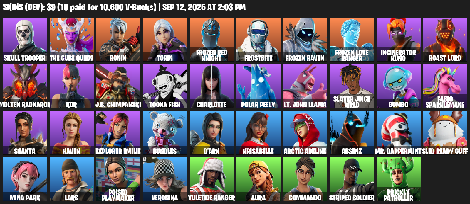 Fortnite Account ( PLAYSTATION / XBOX / PC / MOBILE / NINTENDO ) (Skull Trooper, The Cube Queen, Ronin, Torin, Frozen Red Knight, Frostbite, Frozen Raven) (39 Skins)