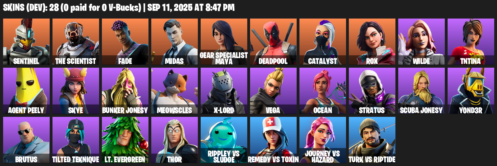 Fortnite Account ( PLAYSTATION / XBOX / PC / MOBILE / NINTENDO ) (Sentinel, The Scientist, Fade, Midas, Gear Specialist Maya, Deadpool, Catalyst, Rox, Wilde) (28 Skins)