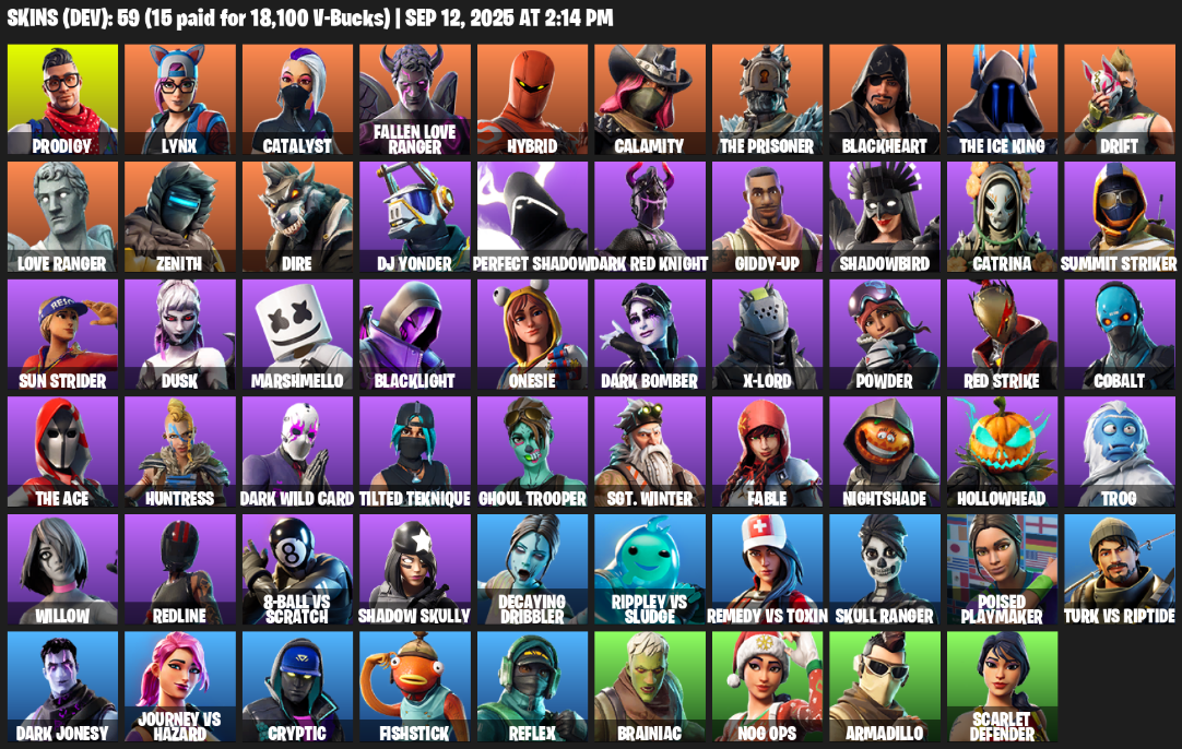 Fortnite Account ( PLAYSTATION / XBOX / PC / MOBILE / NINTENDO ) (Prodigy, Lynx, Catalyst, Fallen Love Ranger, Hybrid, Calamity, The Prisoner, Blackheart) (59 Skins)
