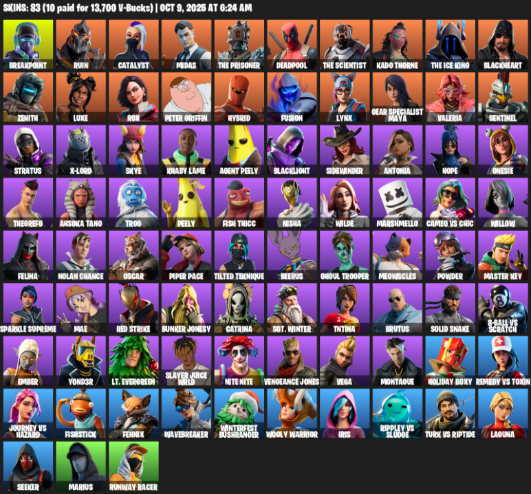 Fortnite Account ( PLAYSTATION / XBOX / PC / MOBILE / NINTENDO ) (Breakpoint, Ruin, Catalyst, Midas, The Prisoner, Deadpool, The Scientist) (83 Skins)