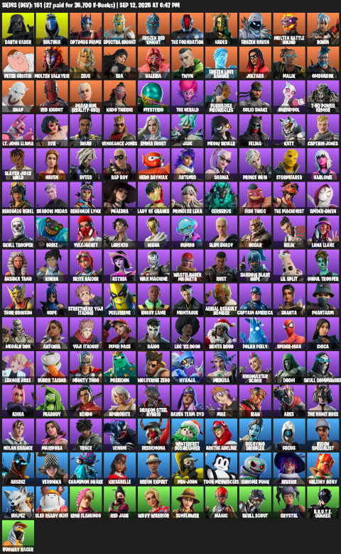 Fortnite Account ( PLAYSTATION / XBOX / PC / MOBILE / NINTENDO ) (Darth Vader, Sultura, Optimus Prime, Spectra Knight, Frozen Red Knight, The Foundation, Hades) (151 Skins)