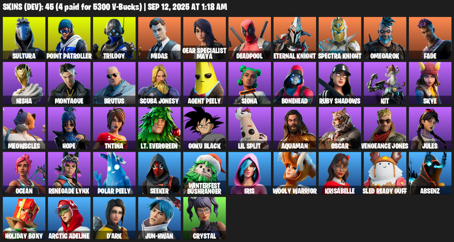 Fortnite Account ( PLAYSTATION / XBOX / PC / MOBILE / NINTENDO ) (Sultura, Point Patroller, Trilogy, Midas, Gear Specialist Maya, Deadpool, Eternal Knight) (45 Skins)