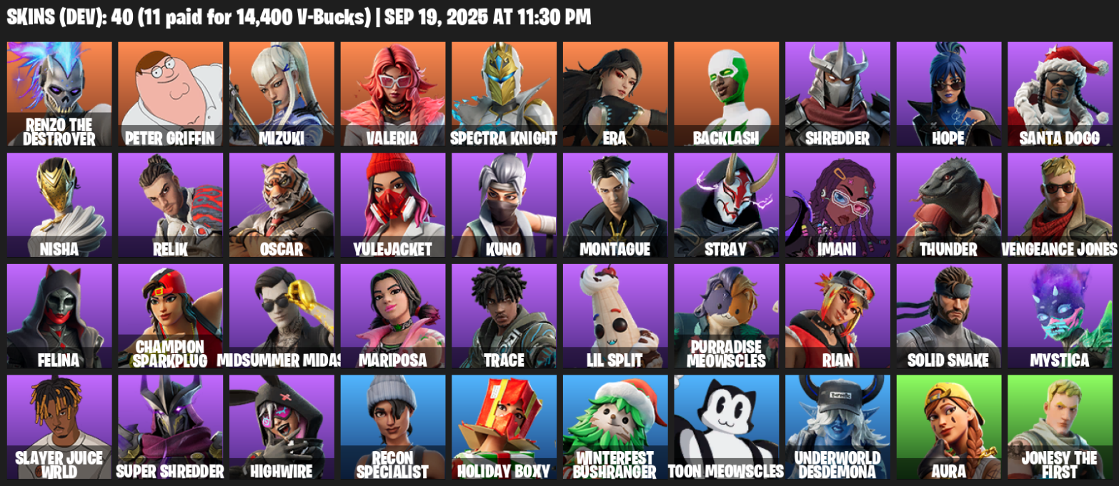 Fortnite Account ( PLAYSTATION / XBOX / PC / MOBILE / NINTENDO ) (Renzo the Destroyer, Peter Griffin, Mizuki, Valeria, Spectra Knight, Era, Backlash, Shredder) (40 Skins)