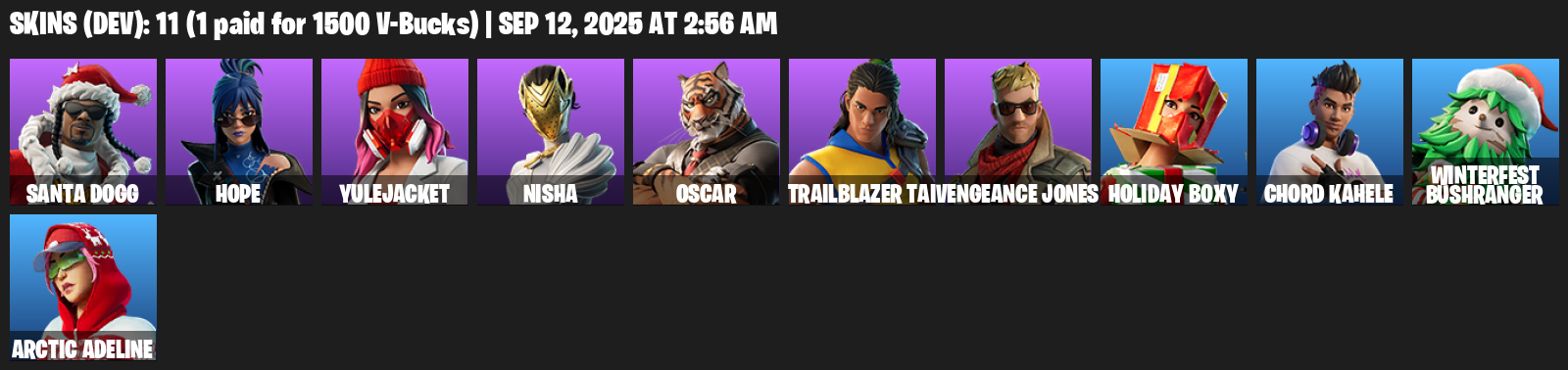 Fortnite Account ( PLAYSTATION / XBOX / PC / MOBILE / NINTENDO ) (Santa Dogg, Hope, Yulejacket, Nisha, Oscar, Trailblazer Tai, Vengeance Jones) (11 Skins)